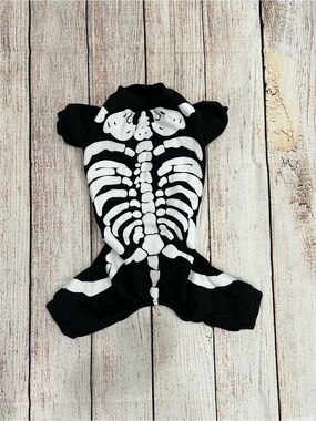 EUC Black Pet Skeleton Costume Onesie - White Bone Print